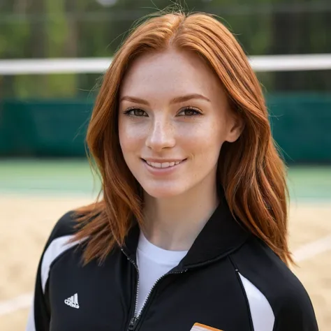 1girl, ginger hair, shoulder length hair, beautiful, soft smile, black track suit, white under shirt, looking to the left, blurry volleyball court background, Photographic, realistic, Solo, brown eyes