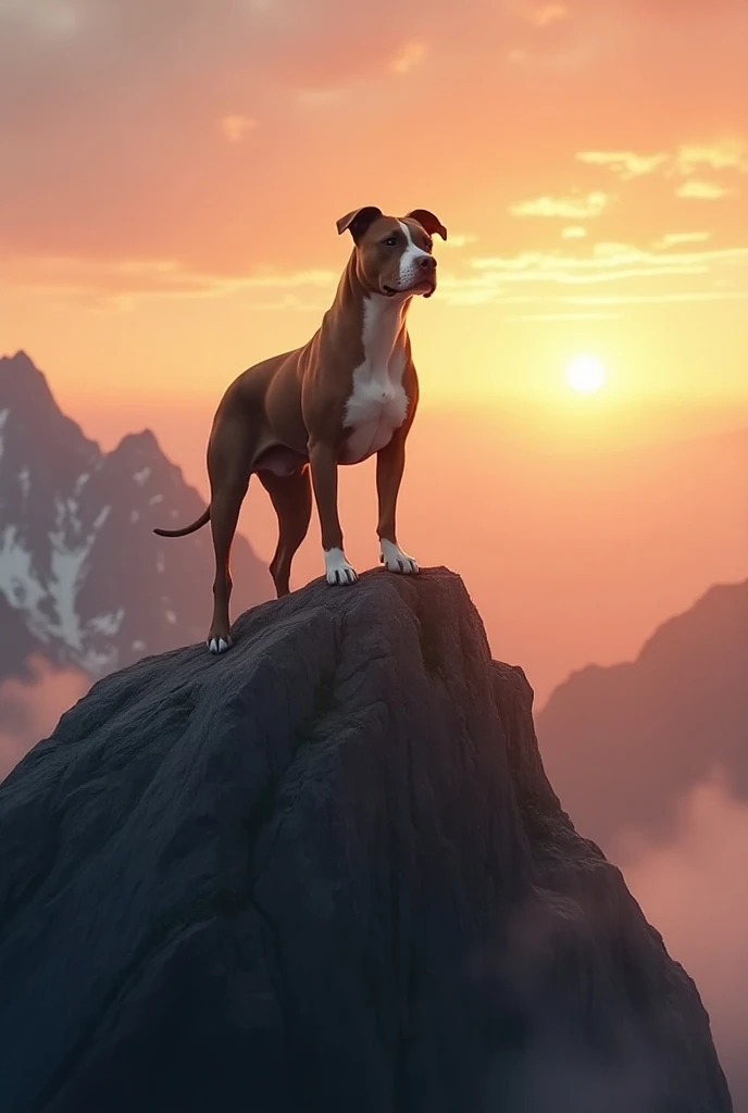 Brown and white pitbull dog on a mountain at dawn