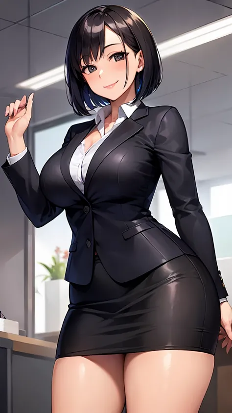 (high resolution), 1girl, woman, mature female, housewife, milf, 40 years old, (curvy woman:1.4), (smile:1.6), (evil grin, light smile:0.5), (shiny skin, glistening skin, high gloss skin:1), (half business suit、skirt suit:1.5),  breast focus, (breasts:1.2)...