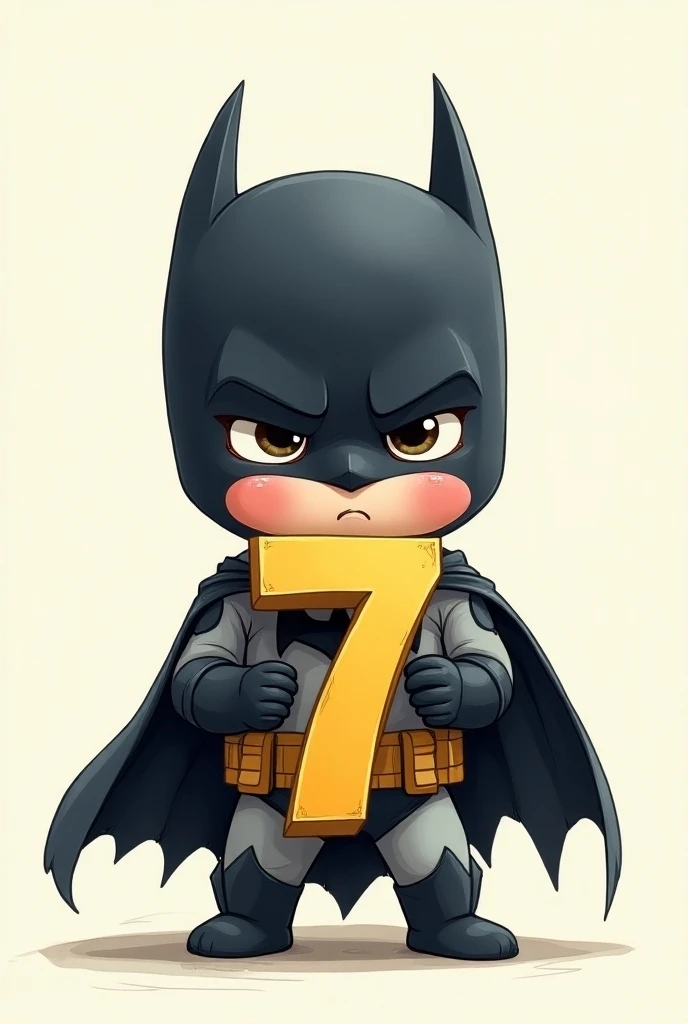 A baby Batman with a 7 in his hands in a drawing 
