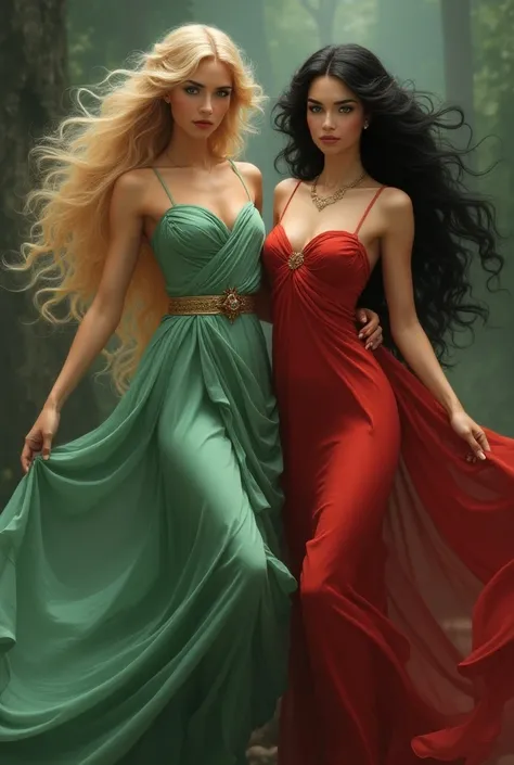 Calypso and Eris.Goddess of Beauty and Goddess of Discord. Calypso has sun-kissed skin, flowing black locks, and piercing emerald eyes. Eris has pale skin, golden blonde  tresses, and eyes that shift between violet and crimson hues. Both are blessed with s...