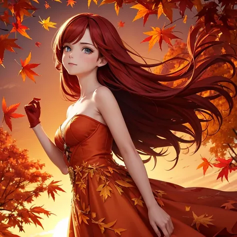 (Bright color, Vivid color:1.2), (portrait, dynamic angle).

silhouette of a beautiful woman with long red hair, in the middle of a whirlwind of red leaves. Leaves, leaves, leaves everywhere. (((Autumnal colors))), sunset. Vibrant colors.

beautiful detail...