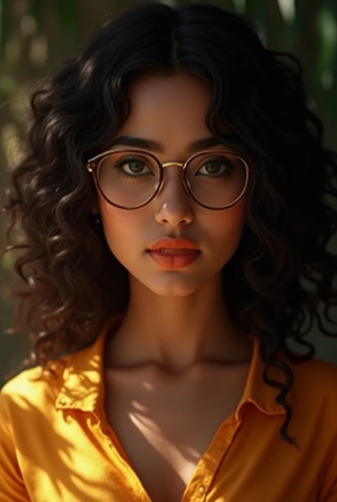 Indian telugu girl, medium build, milky white, curly full hair, orange lips and wearing frameless spectacle