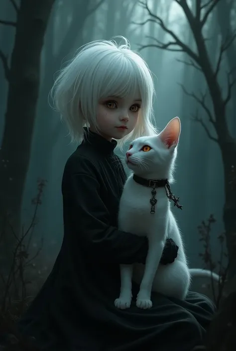 A young white-haired girl with a cat that possesses hidden abilities and powers from her cat, dark powers

