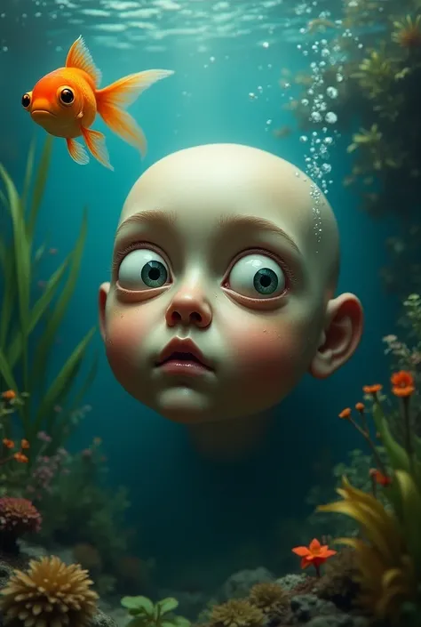 Head in an aquarium with wide eyes swollen eyes
With a goldfish and bubbles and plants