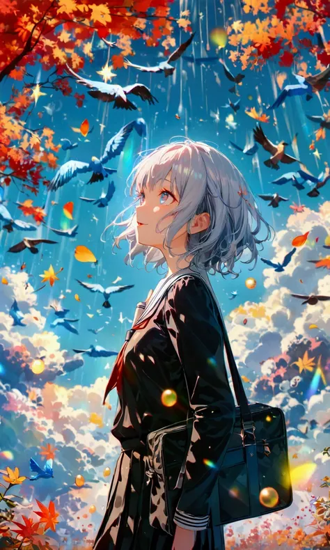 (woman(student, Age 15, ＪＫ, Short silver hair floating, Space-colored eyes, Black school uniform, Pale skin, Tired face、No sparkle in the eyes) Looking up at the sky), (Lots of blue birds are flying through the air ), Beautiful sky, Beautiful Clouds,  colo...