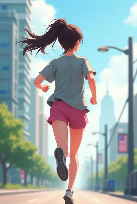 1 girl, Alone, running,  gray training top , rosa Shorts, dark brown hair, Ponytail, athletic physique, dynamic brush strokes, flowing movement, capture the essence of their athleticism and energy,  use bright colors and soft tones ,  to create a dreamy an...