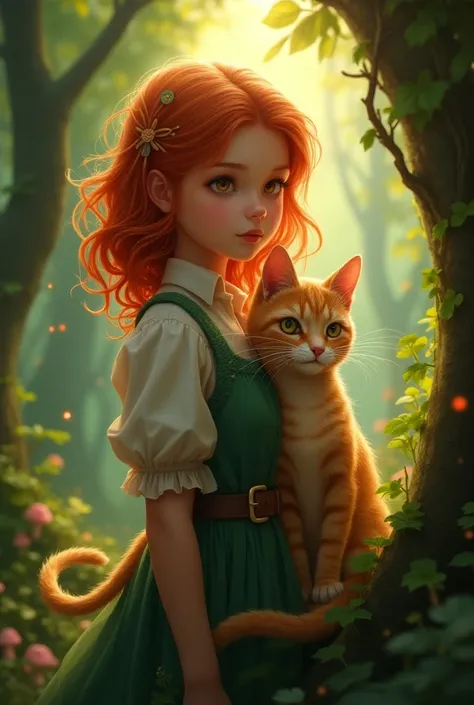 A young red-haired girl with a cat who possesses hidden abilities and powers from her cat

