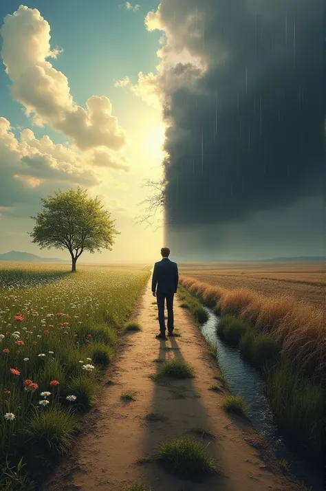 A man stands at a crossroads. The left path is narrow, leading to a sunny, peaceful landscape with blooming flowers and a tree by a stream. The right path is wide, leading to a dark, rainy land with barren fields. The contrast between light and darkness, p...