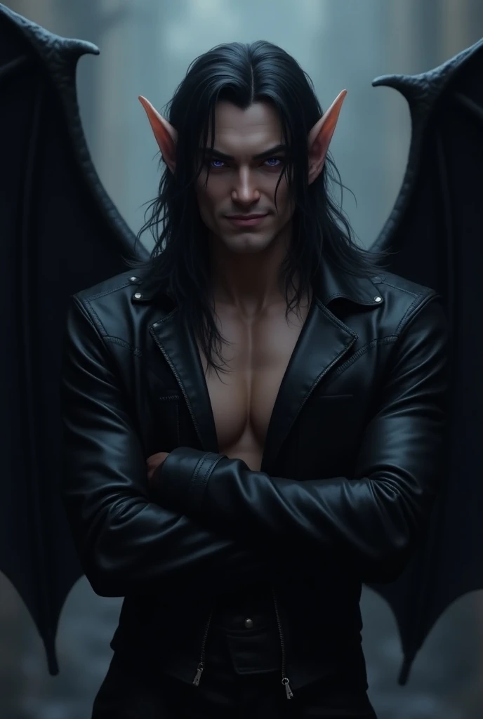 Dark-haired, lilac-eyed man with elf ears, bat wings, black leather clothing with a sarcastic, muscular smile 