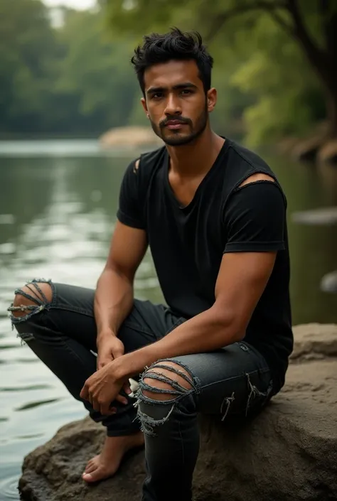  A handsome Indonesian man with short hair wearing a black T-shirt torn off the shoulders wearing ripped jeans,  sitting on a large rock at the edge of a river , hot weather .