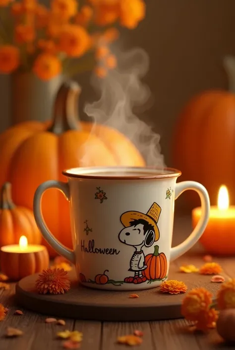 A 3D render of a custom ceramic coffee mug filled with aromatic, steaming coffee. The mug is personalized with the name Halloween" written in an elegant cursive font. The mug features a raised design of the lovely Snoopy, a Day of the Dead character wearin...