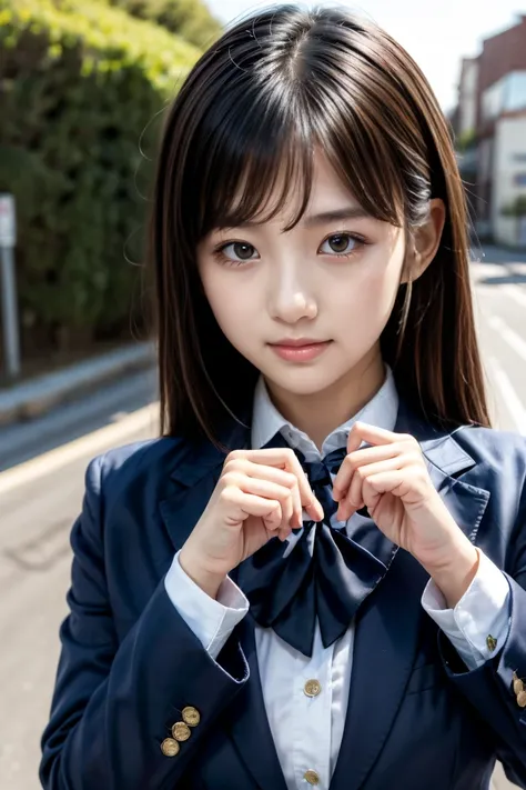 Cute girl, black hair, navy blue blazer uniform, hands in heart pose, front