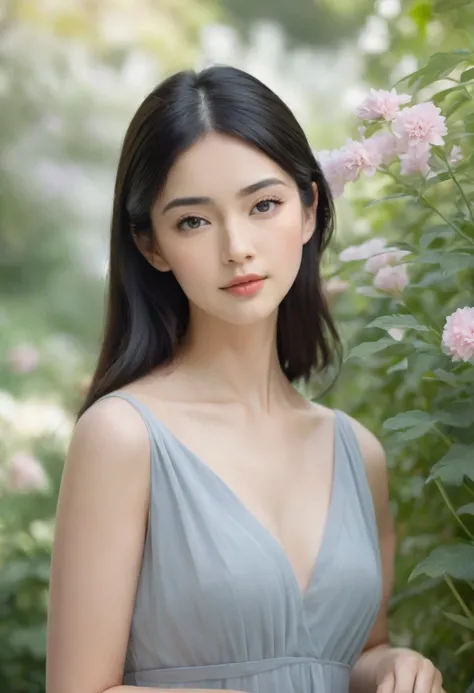 A photorealistic image of a beautiful young woman standing in a peaceful garden, framed to show her face and torso. Her black hair falls softly over her shoulders, and her bluish-gray eyes gaze gently at a delicate flower she holds in her hands. She is wea...