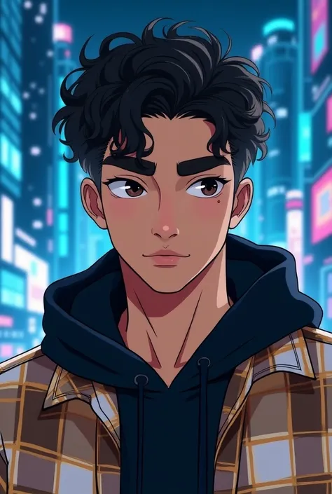 Generate manhwa photo A 20-year-old white boy with Eurasian features with curly and dark brown hair, straight nose and small mouth with thick lips, the boy is dressed in a black Hoodie and a plaid shirt, the squares of the shirt are Arena, Beige, Brown and...