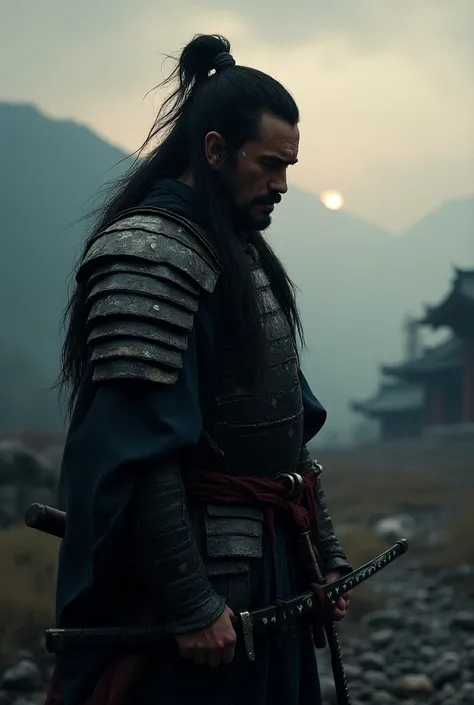 Sad samurai with long hair 