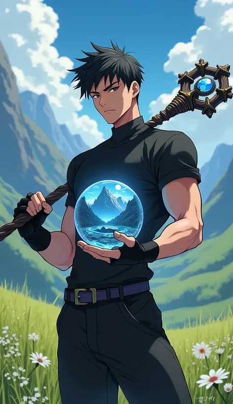 Create an image of a muscular young man with black hair, wearing a black short-sleeved crew neck t-shirt, black pants, and black half-finger gloves. He is holding a staff made of twisted black wood, with a glowing blue gemstone at the top. In his other han...