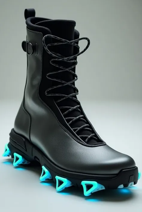 Imagine a sleek, futuristic boot with the following features:

Material: Lightweight, matte black and silver composite fabric that’s both durable and flexible.

Sole: A thick sole with a unique pattern of micro-suction pads interspersed with retractable sp...