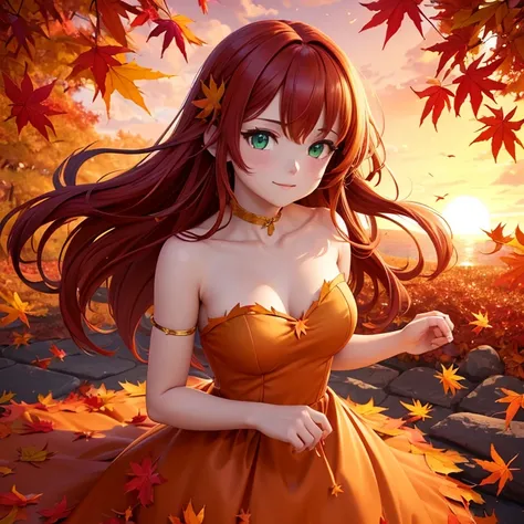 (Bright color, Vivid color:1.2), (portrait, dynamic angle).

silhouette of a beautiful woman with long red hair, in the middle of a whirlwind of red leaves. Leaves, leaves, leaves everywhere. (((Autumnal colors))), sunset. Vibrant colors.

beautiful detail...