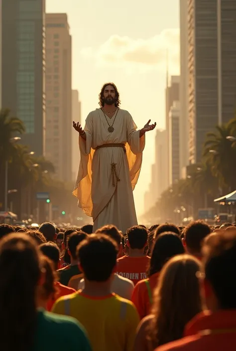  I want an image of Jesus preaching to the crowds on Avenida Paulista along with his disciples, safety dresses 