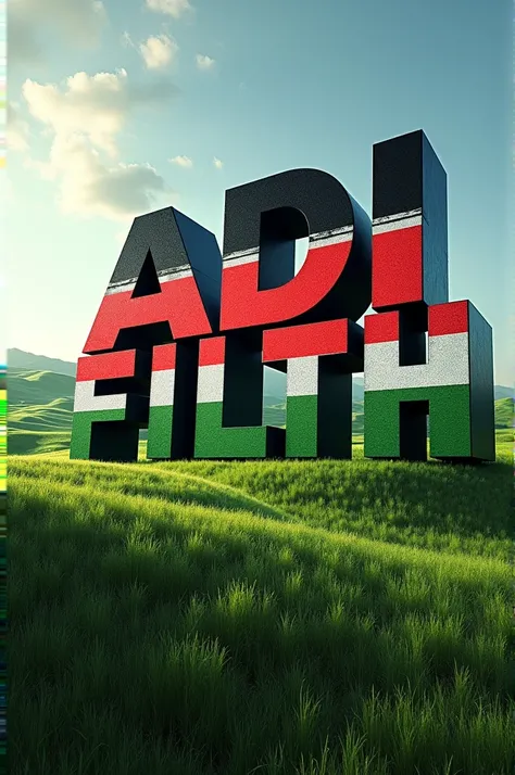 A perfect masterpiece of capital letters, letters patterned in the colors of the Palestine flag on the hill, Name (ADI FILTH).