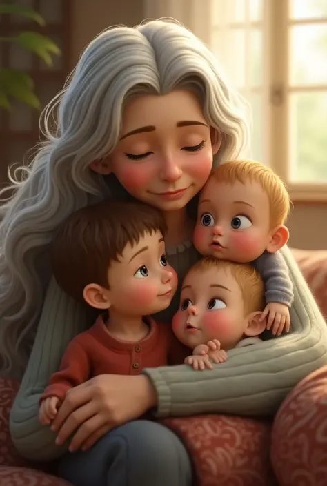 Draw a grandmother with long hair with 1 little brown boy and 2 little blond babies 