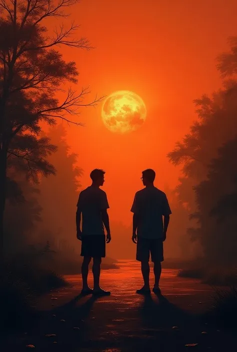  depicted against the background of an orange-red twilight sky ,  symbolizing the ever passing journey of life .  The two main characters stand far apart under the sky , reflects the affection and friendship between the tested men while one of the characte...