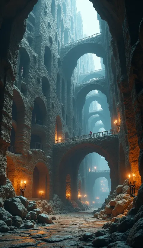 a massive underground kingdom of dwarves, detailed fantasy dwarven architecture, stone bridges and walkways, deep multi-level caverns with great halls, no sunlight, cinematic dramatic lighting, (best quality,4k,8k,highres,masterpiece:1.2),ultra-detailed,(r...