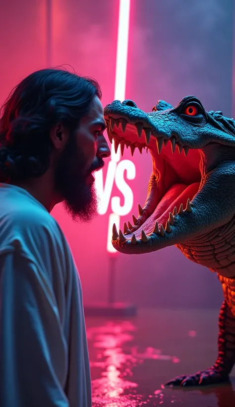 Create a dynamic image showing Jesus and a fierce alligator staring each other down, both filled with rage. Jesus should look determined, while the alligator displays its menacing teeth. In the center, include a bold "VS" to signify the battle. Use neon li...