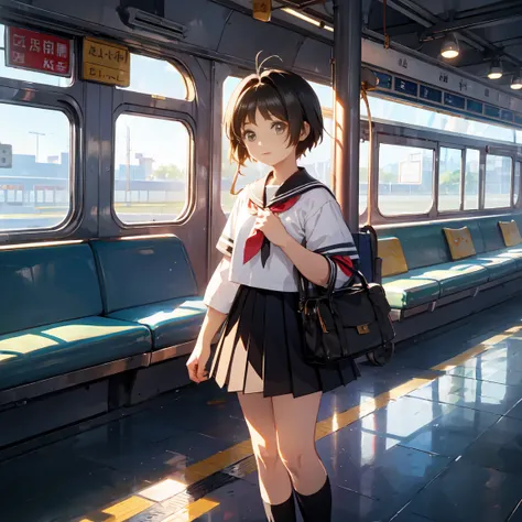 One Woman、crowd、 Station Platform 、 beautiful girl with high breasts、Sailor suit、 pleated skirt 、Im holding a school bag with both hands、age: 18、Bob Cut Hair, Best Quality, Body Type、small 、small ass、 Black Hair ,The train is coming、 black knee-high socks、...