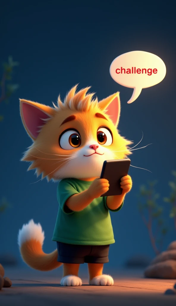 His followers challenged him to go and check.Species:   A cute 3D pixar style cat cub in hand phone Above the young cat cubs head,a speech bubble with the text challenge is


Appearance: Large, fluffy mane; expressive eyes


Expression: scared,tension 


C...