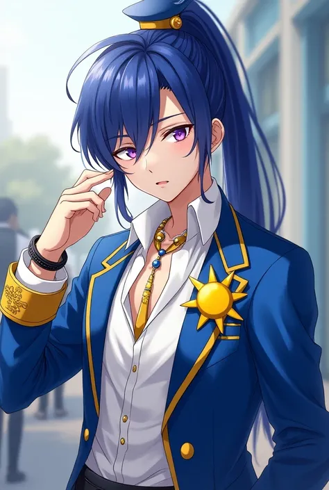 A quiet anime young man in high school with sharp purple eyes has long indigo hair attached to the top with a blue ribbon , Fair skin and wearing all the fancy blue, yellow and white clothes are the luxury of Idol, which consists of a long waist jacket wit...