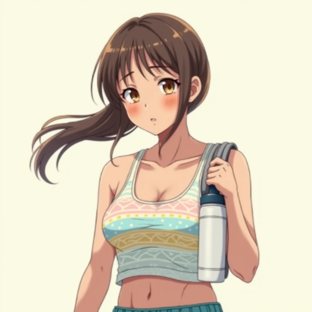 anime illustration, woman, low ponytail, brown hair, brown eyes, sun-kissed complexion, tank top, tiny pink-blue-yellow-white striped pattern on tank top, tiny horizontal stripes, orange shorts, white sneakers, plain background, sweaty, tired, carrying wat...