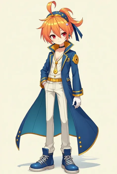 A quiet anime young man in high school with sharp red eyes represents a mixture of orange, yellow and white hair linking it to the top with a blue ribbon, Fair skin and wearing all the fancy blue, yellow and white clothes are the luxury of Idol, which cons...