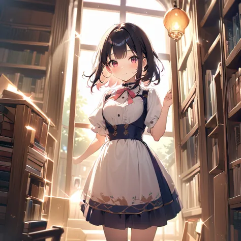 Atmospheric Perspective, lens flare、OLD BOOKSTORE 、 ANOTHER VIEW OF THE WORLD 、本を探しているgirl、 Otherworldly Outfits 、Clear、 Black Hair 、cute、 Light Shines Through a Window 、 Dust Shines Like Streaks of Light.、Light production、  Nostalgic Atmosphere  、１people々...