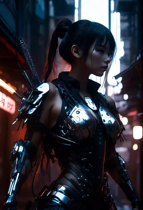 sexy cyborg girl, big breasts in a cyberpunk city alley at night, cyber ​​samurai, cool action pose, high detail, reflective arm...