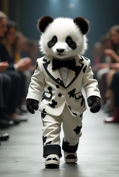 On the runway of a high-fashion show, an adorable anthropomorphic baby panda captivates everyones attention with its charming presence. Walking with small, firm steps, the panda maintains a tender yet confident posture. Its fluffy black-and-white fur is pe...