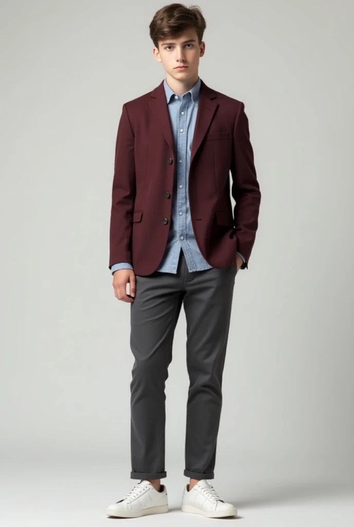 Maroon blazer + light blue shirt  + dark gray trouser  + white sneaker for 18 year old boy 
