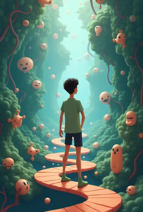 a guy thinking in a mental maze of his own mind, with remains and beings around him 3d Disney style
