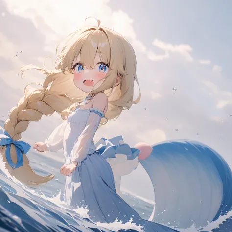 1 Female( mermaid ,beautiful scale reflecting prism,beautiful tail fin reflecting prism,princes,cute,Cute,20 years old, long braided hair ,blonde, eye color is ocean blue ,Big Eyes, dynamic pose ,Open your mouth wide,Under the Sea,wearing beautiful heart n...