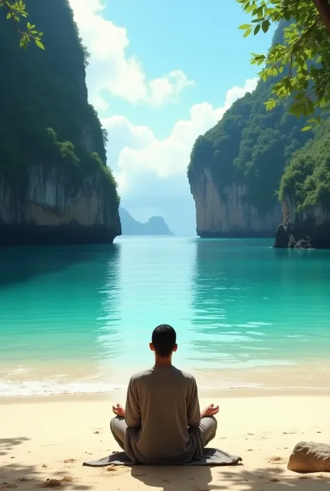 Man meditating on a beach in a Thai bay