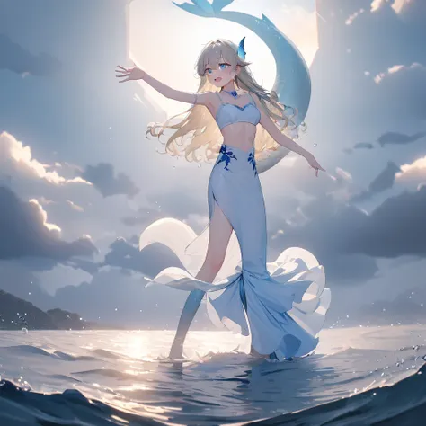 1 Female( mermaid ,beautiful scale reflecting prism,beautiful tail fin reflecting prism,princes,cute,Cute,20 years old, long braided hair ,blonde, eye color is ocean blue ,Big Eyes, dynamic pose ,Open your mouth wide,Under the Sea,wearing beautiful heart n...