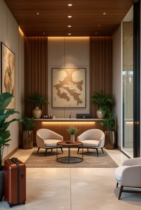 create a welcoming reception area that leaves a lasting impression on clients. A comfortable waiting area with travel magazines, complimentary refreshments In travel agency office