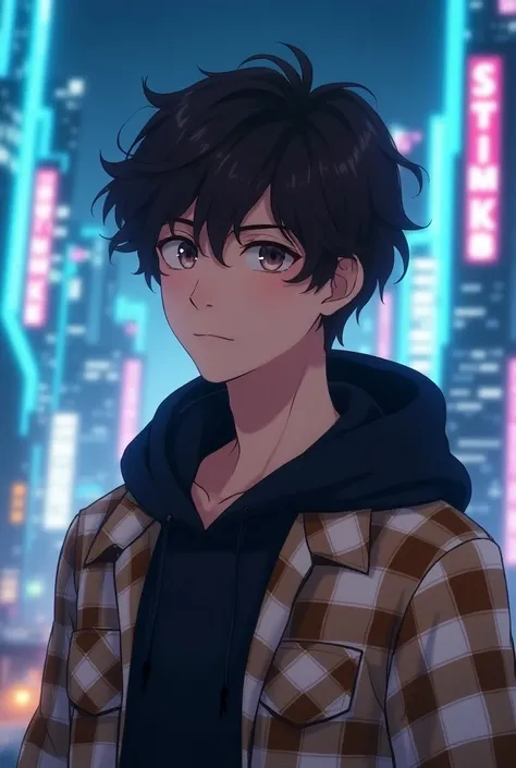 Generate anime image A 27-year-old white boy with curly and dark brown  medium hair, small brown  eyes and small mouth with thick lips, the boy is dressed in a black Hoodie and a plaid shirt, the squares of the shirt are Camel, white, Brown and Beige, The ...