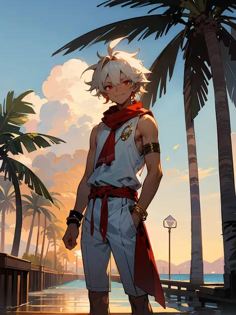 1male , Dark Skin,Red Bandana Tied Around Arm , Low Cut White Messy Hair, Sleeveless White Clothing , Golden Jewelry , Smiling Expression , Red Eyes , Golden Bracelets , Standing on a board walk with palm trees , Perfect Generation , 