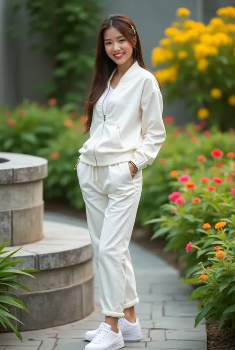 A whole body and clear face of photography image of real beautiful smiling Thai woman dressed in a white terno  thin jacket and joggingpants with nike design,,model walking,  28x24x38 body size,130kg weight, long shiny brown hair with beautiful clip, white...