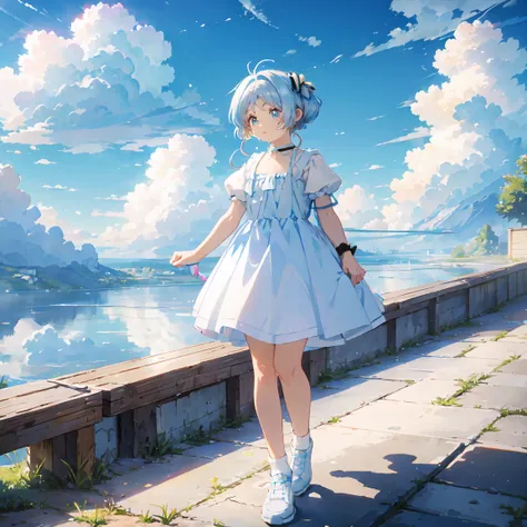 Soft Line, girl, ,  light blue hair,  Twin Tail, (((Cloud shaped hair tie ))), Light blue eyes ,  light blue dress