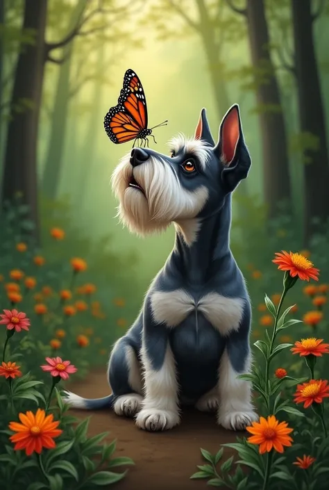 A painting of a curious schnauzer dog looking up towards a monarch butterfly, who is about to land on his nose. The butterfly has orange and black wings and is perched on a flower. The background is a lush green forest with tall trees.