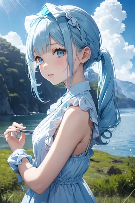 Soft Line, girl, ,  light blue hair,  Twin Tail, (((Cloud shaped hair tie ))), Light blue eyes ,  light blue dress