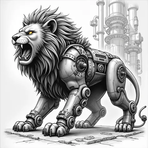 (((high quality))), (mechanical background), ((((steampunk style)))), steampunk lion, ((drawing style)), black and white